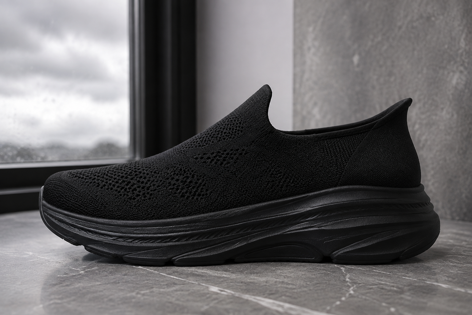 Close view of a black low-cut laceless knitted walking shoe with a layered black sole