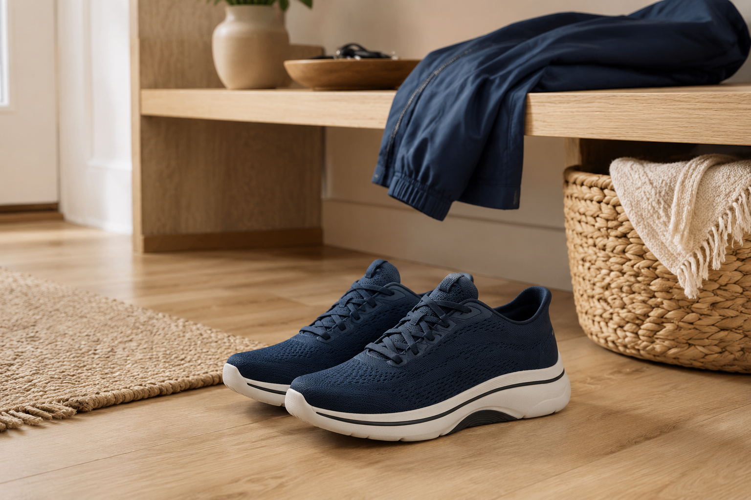 Pair of navy low-cut knitted walking shoes with elastic lacing and an off-white sole in an Irish hallway