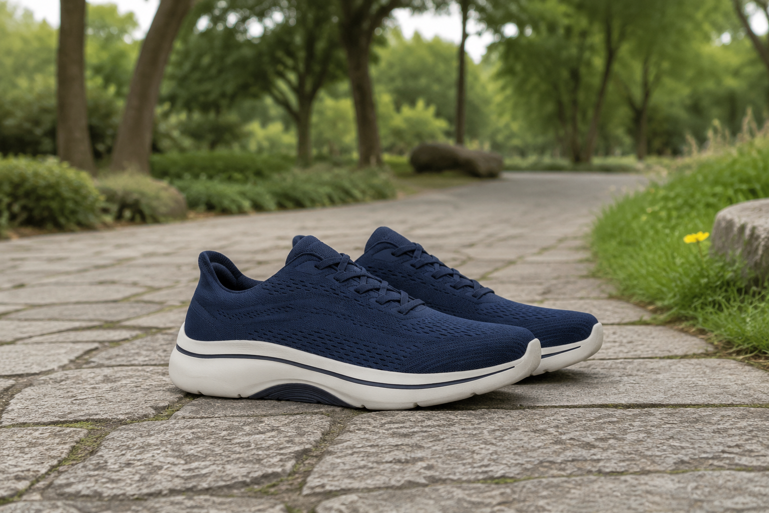 Navy low-cut knitted walking shoes with elastic lacing and an off-white sole on an Irish park path